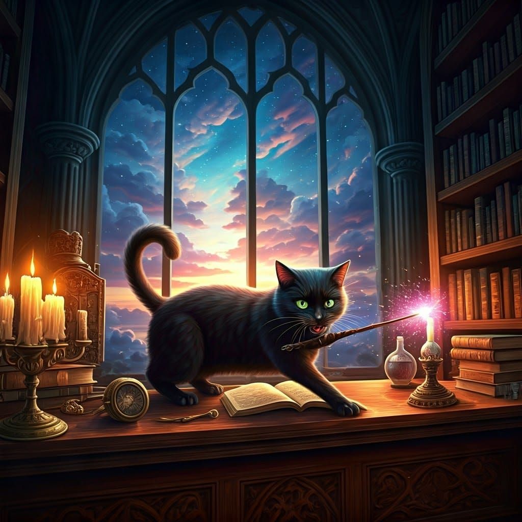 Mischievous Cat Steals Wizard's Wand in Magical Castle