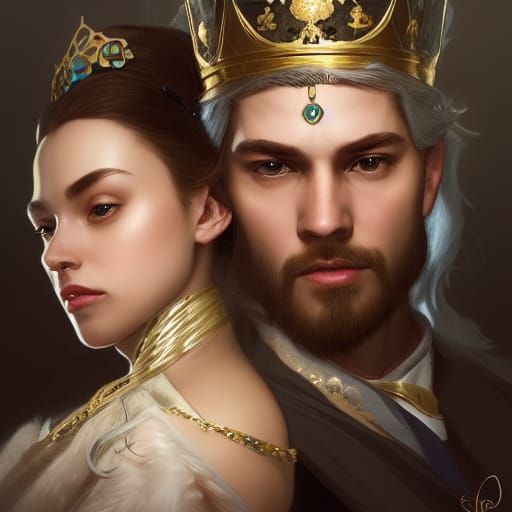 Regal King and Queen Portrait in Hyperdetailed Style