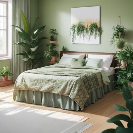 Elegant Bedroom Interior with Plants in Olive and Ivory