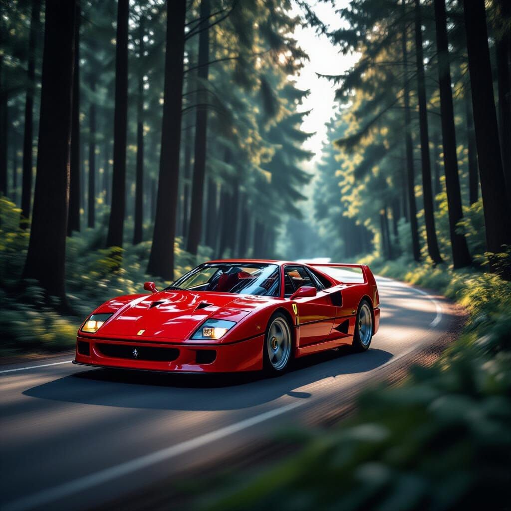 Ferrari F40 Races Through Forest in Neo-Impressionist Style