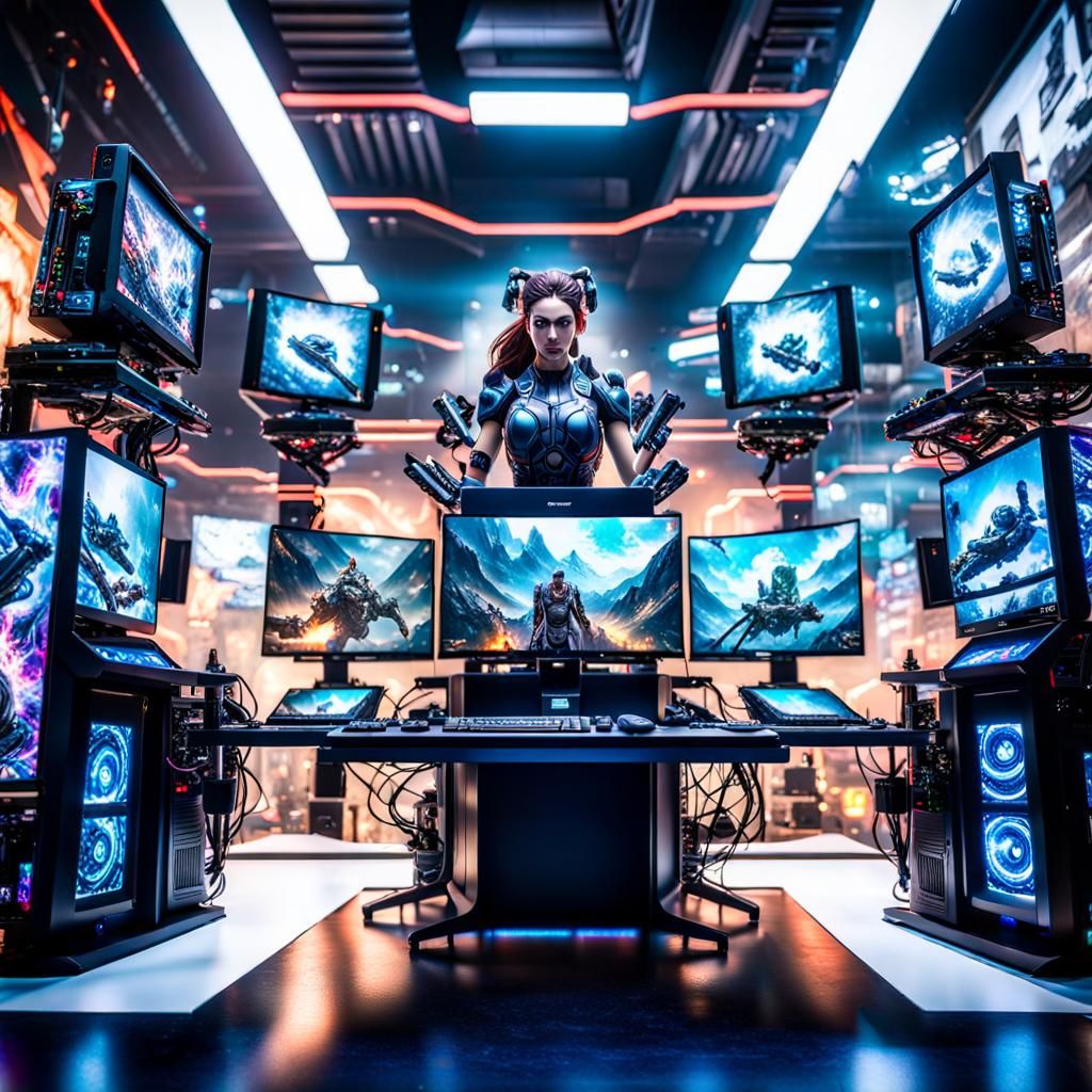 Futuristic Gaming Lab with Bionic Orchids in Graffiti Art