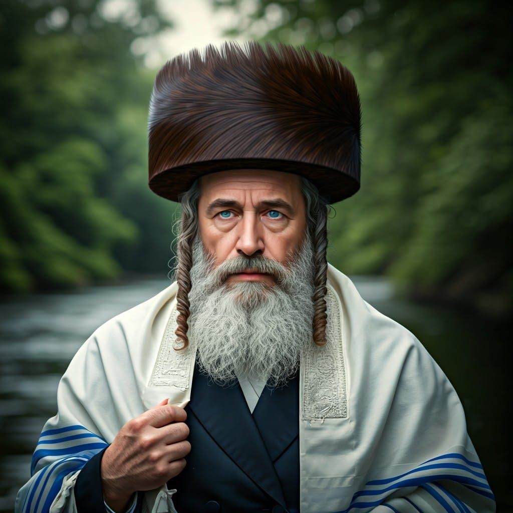 Hasidic Rebbe Praying by River, Hyperrealistic Style