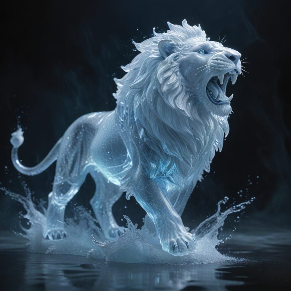 Ethereal Water Lion Sculpture Frozen in Motion