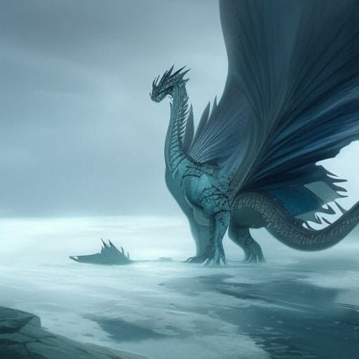 Ice Dragon on Frosty Ship Deck, Fantasy Art