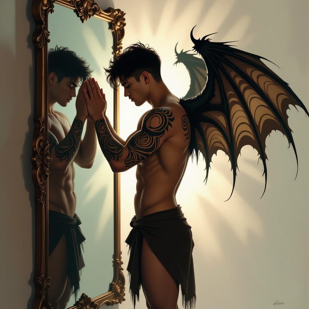 Man's Mystical Reflection with Dragon Wings in Chiaroscuro
