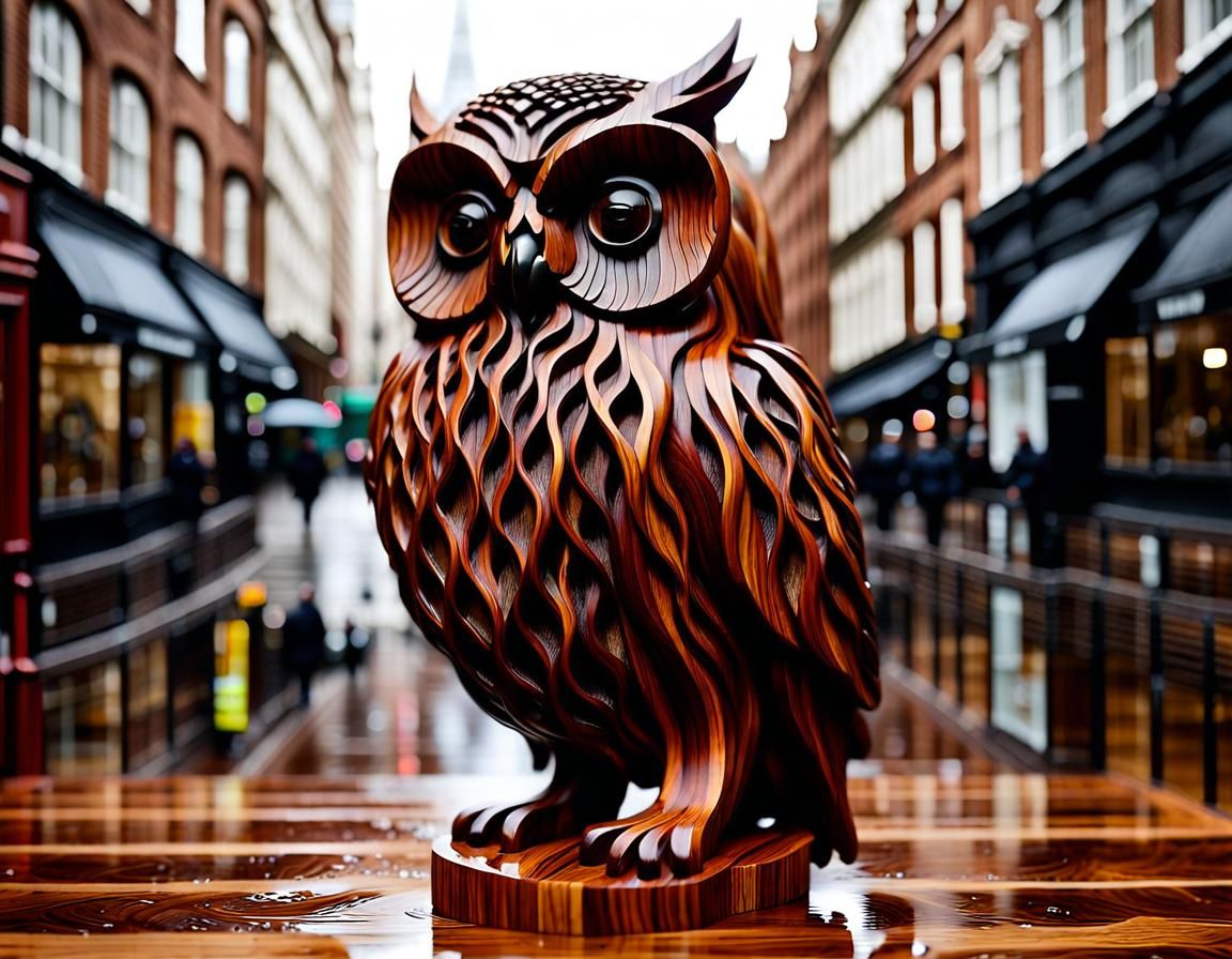 Wet Owl Sculpture in London: Hyperrealistic Wood Art