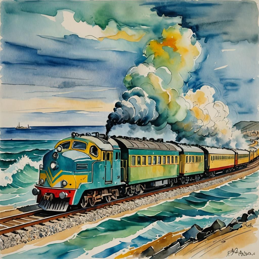 Train Action Painting in Watercolor Style