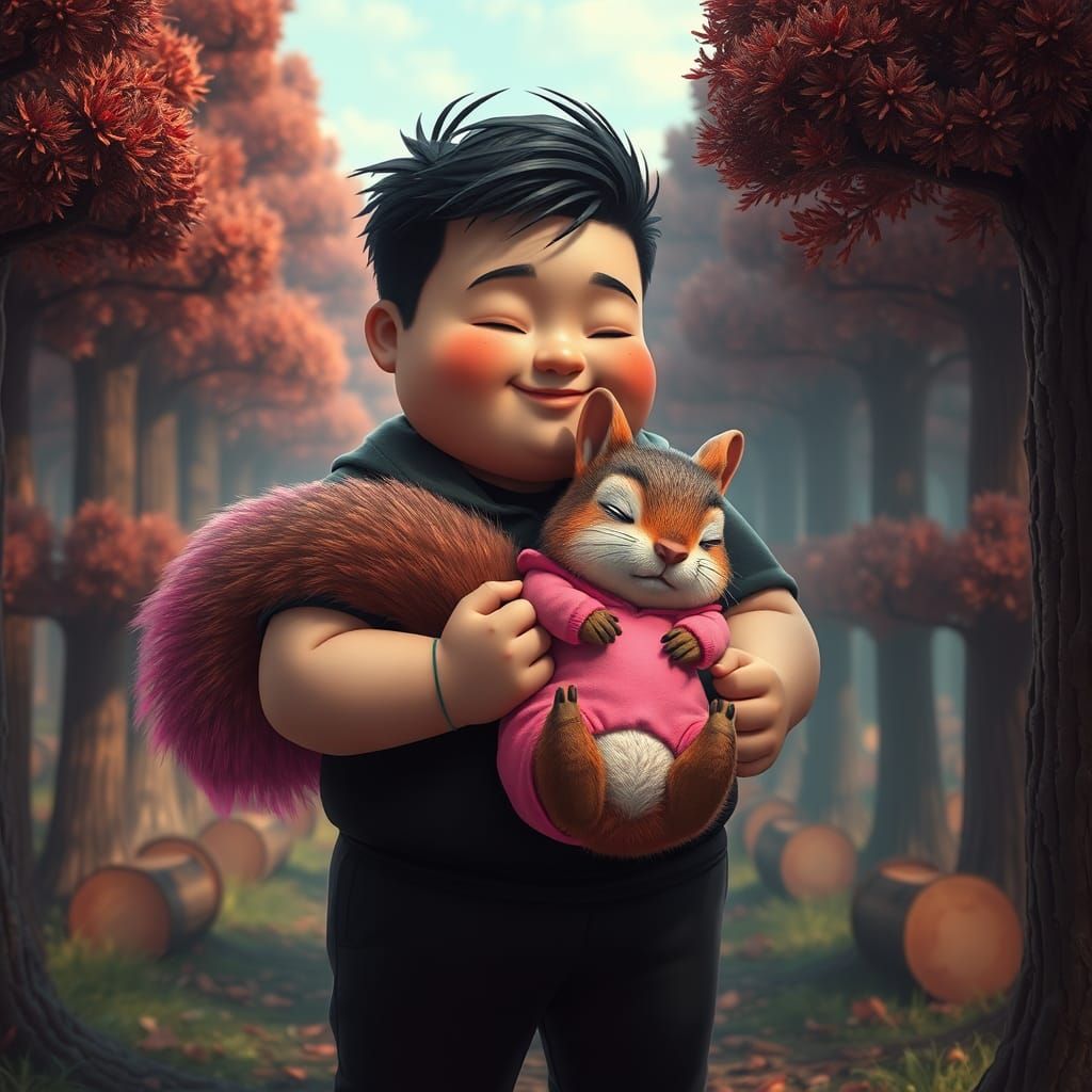 Kind Man Rescues Squirrel in Dreamlike Landscape