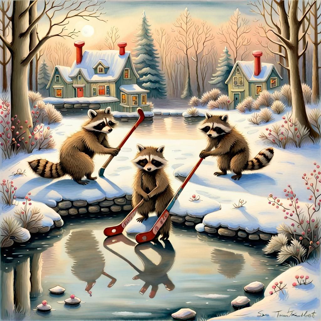 Raccoons Play Hockey on a Frozen Pond in Pastel Colors