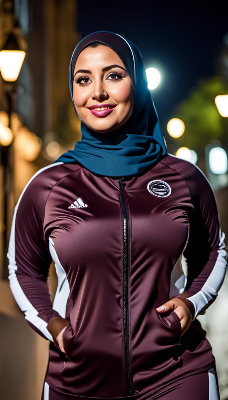 Arab Woman Athlete in Hijab Walking at Night