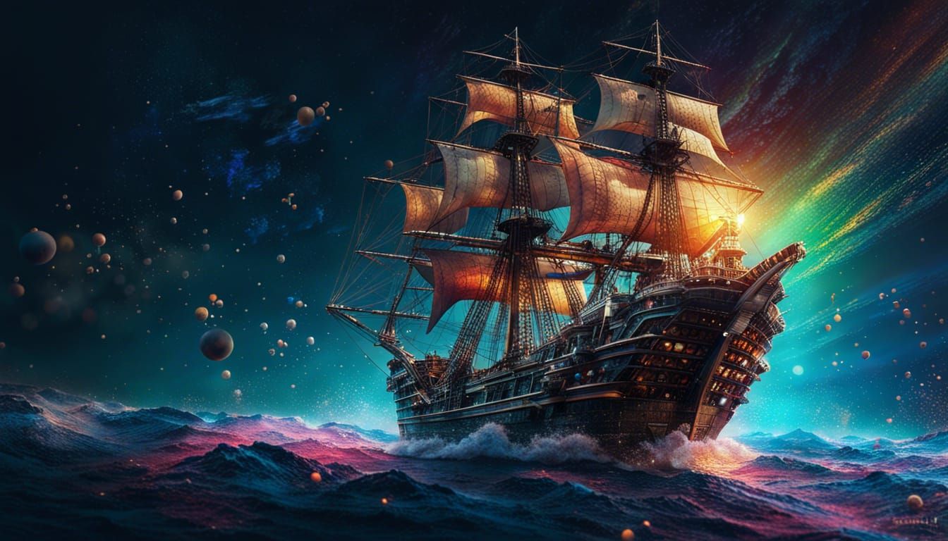 Pirate Ship Navigating Space in Hyperrealistic Splash Art