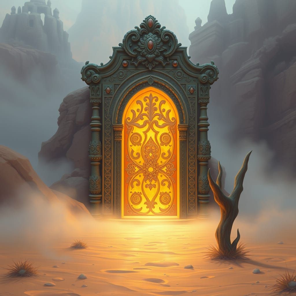 Glowing Door in Desert Landscape: Dreamy Art