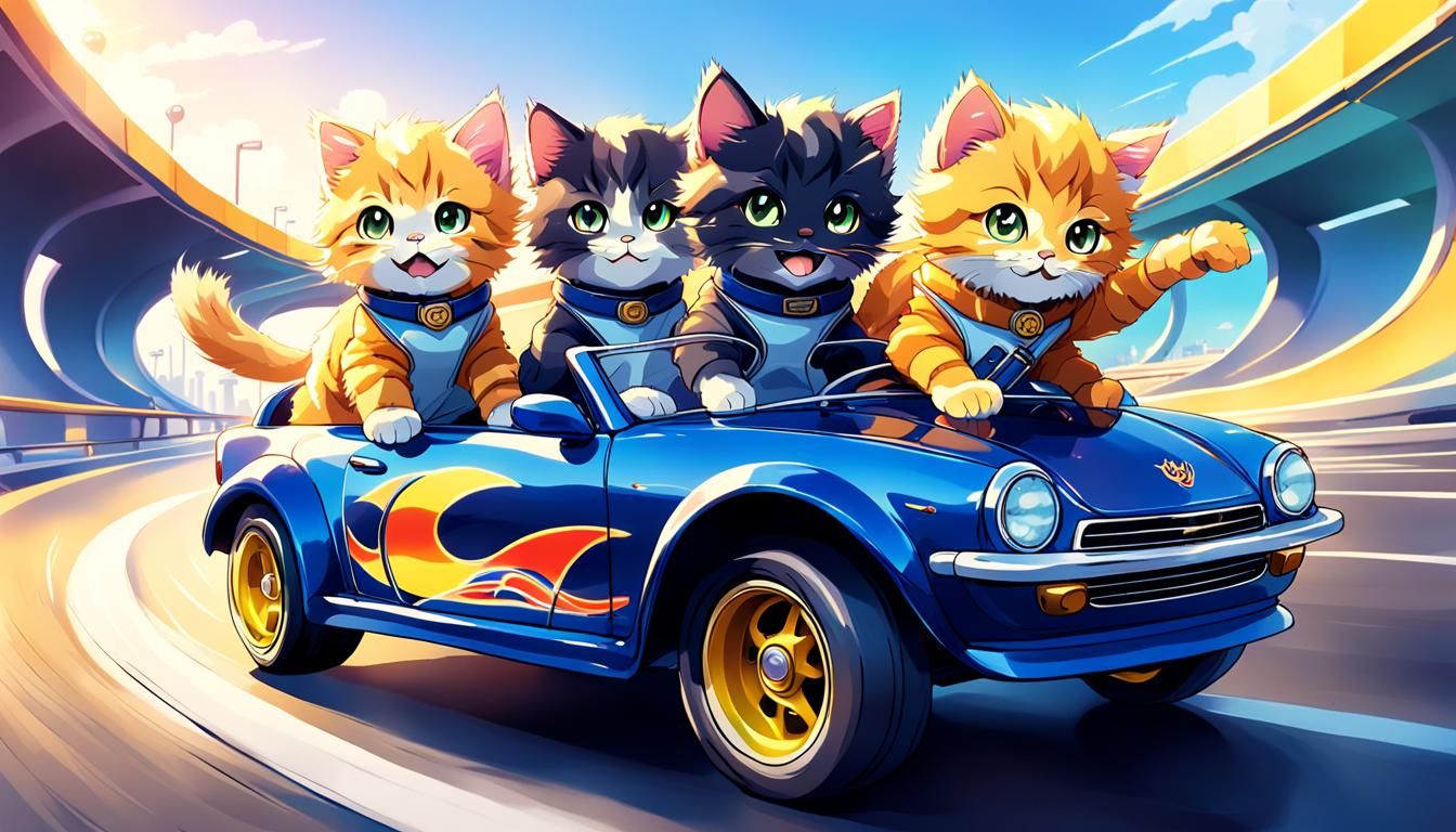 Fluffy kittens riding a "Classic 57 T-Bird" Hot Wheels car