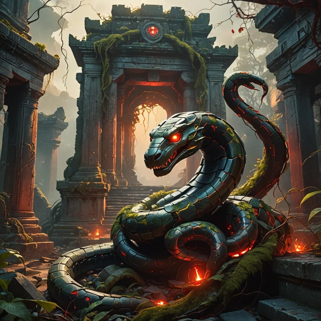 Robotic Snake Wraps Temple Ruins: Sci-Fi Concept Art