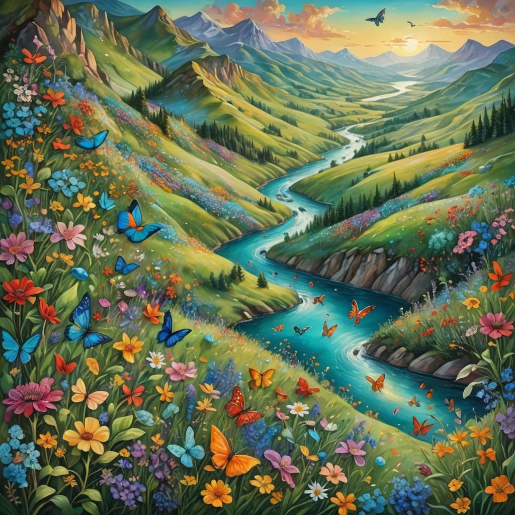Fantasy Landscape with Butterflies in Oil Paint Style