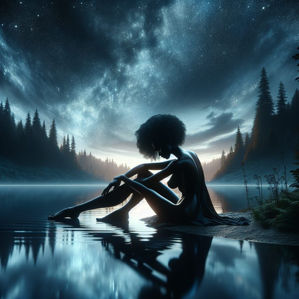 Silhouette of Woman by Lake Under Starry Sky