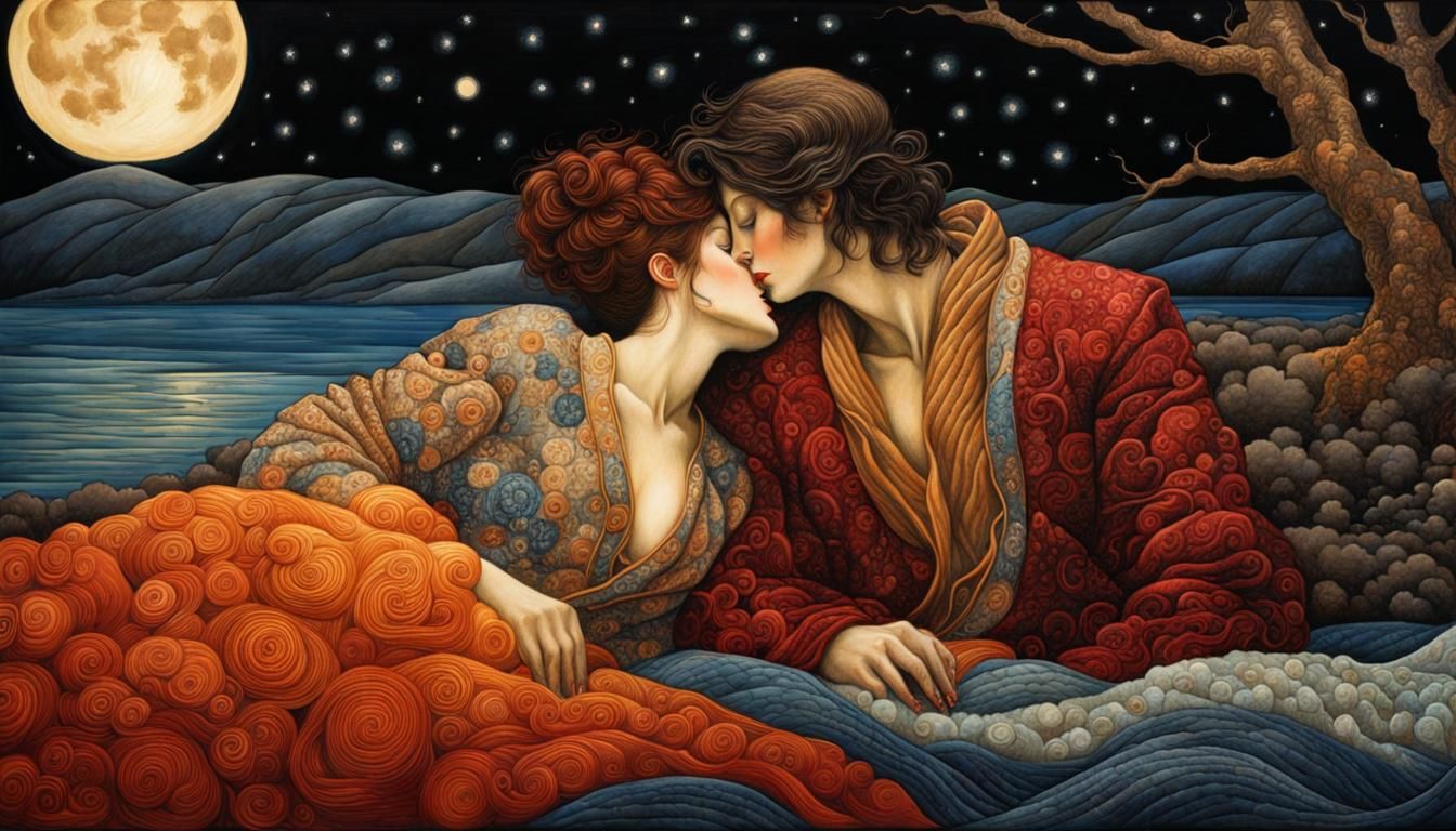 Romantic Quilted Embrace Under Moonlight, Klimt Style