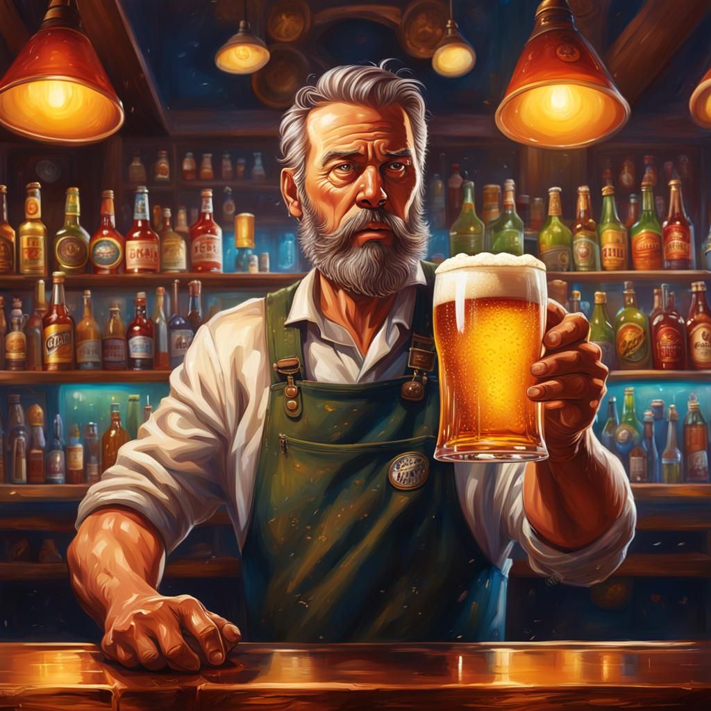 Bartender Pours Pint: Hyperrealistic Splash Art