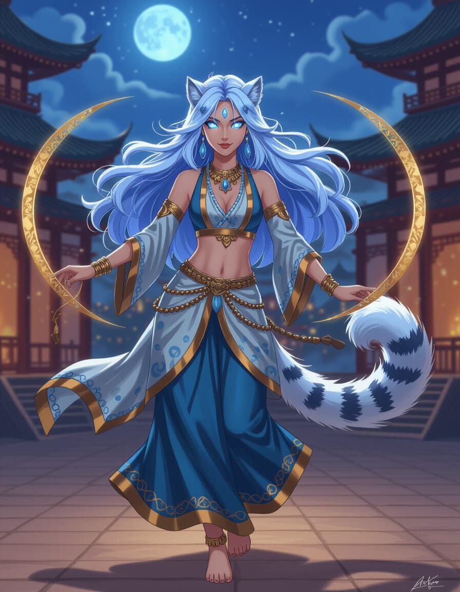 Snow Leopard Woman Dancing in Temple Courtyard