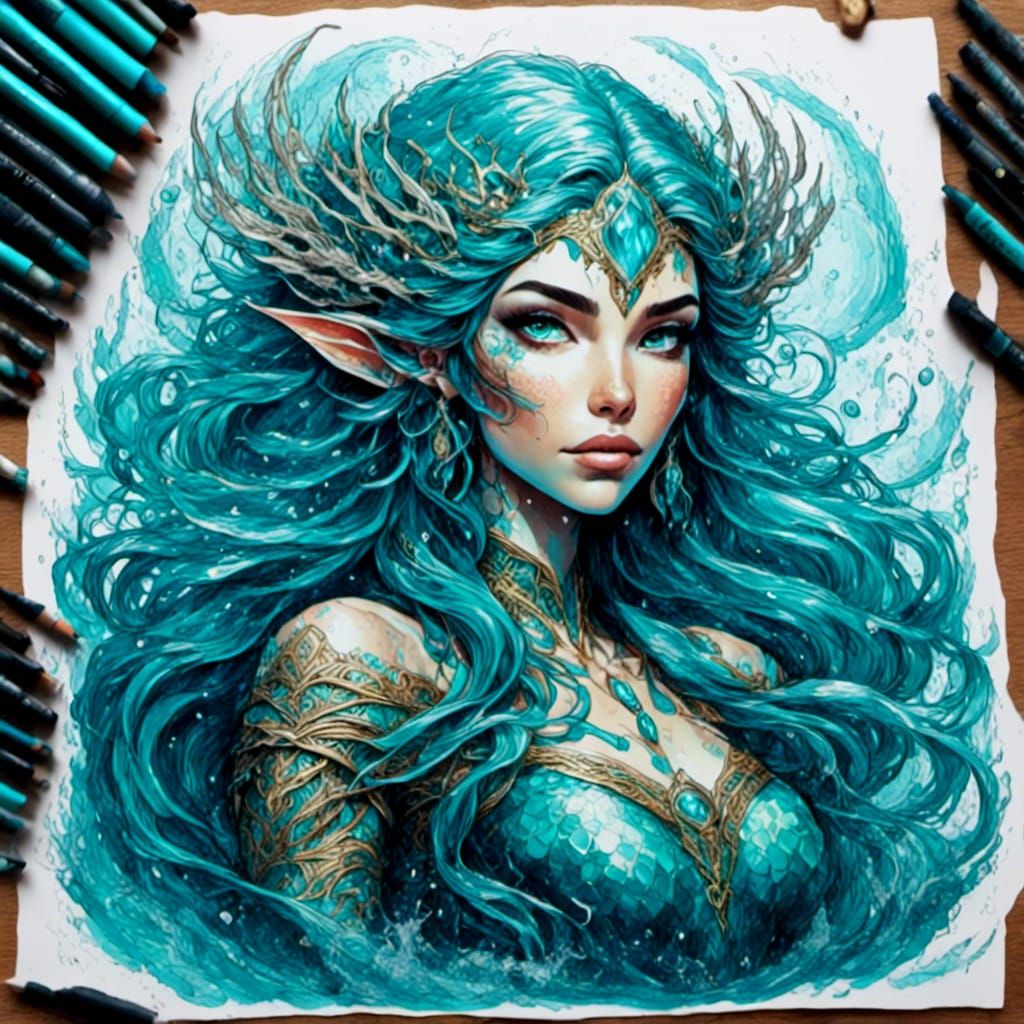 Underwater Elf Sorceress in Ethereal Ink Style