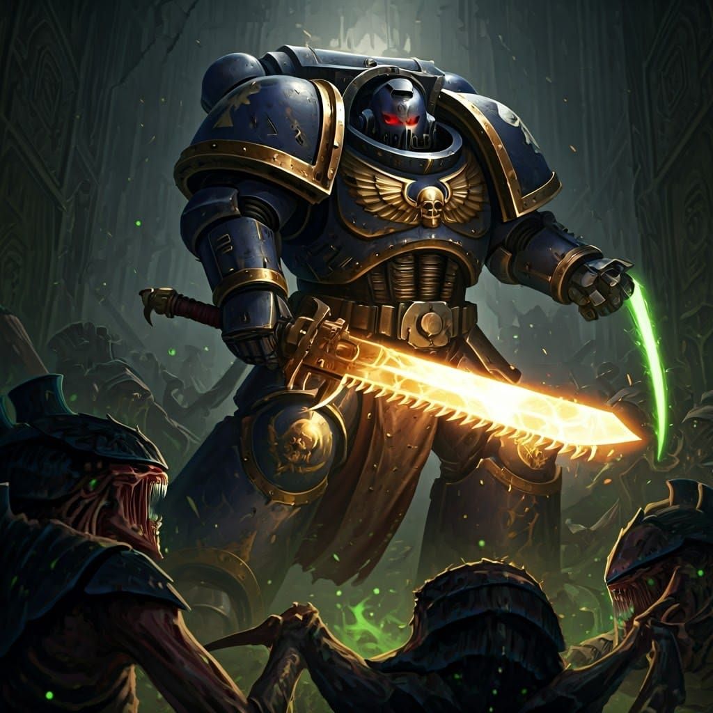 Space Marine Warrior Slaying Tyranids on Industrial Planet