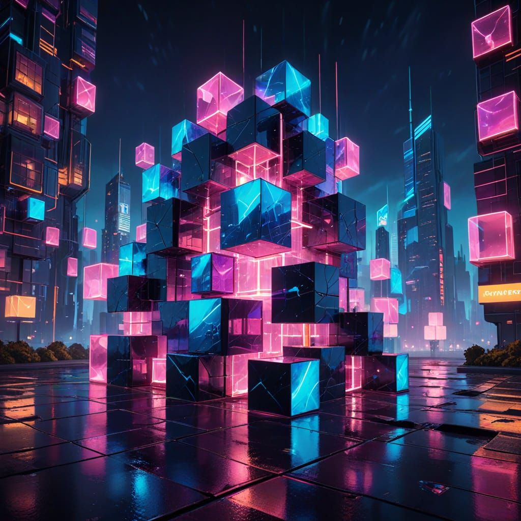 Glowing Cubes Futuristic Cityscape in Vibrant Neon Art Style