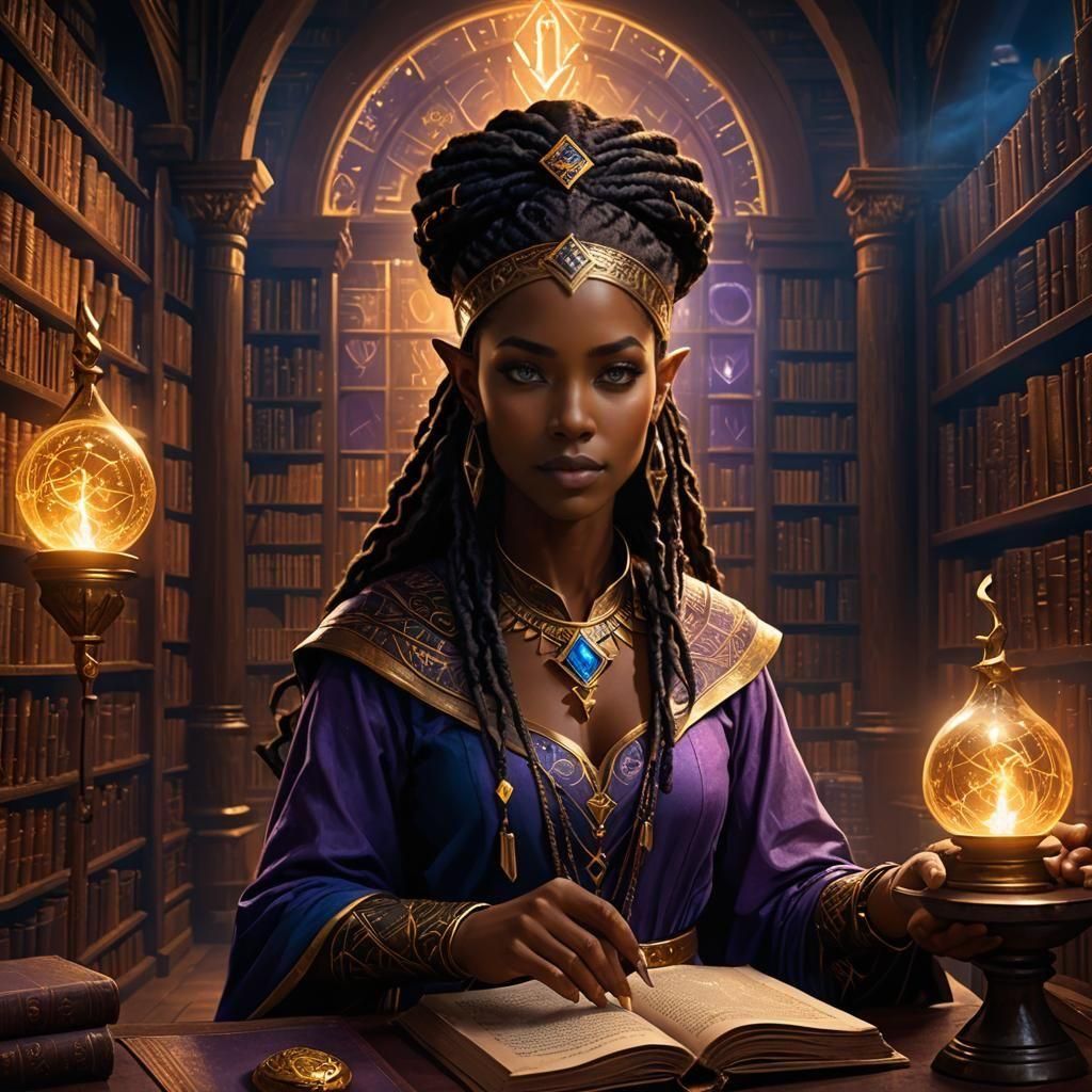 African Half-Elf Sorceress in a Magical Library