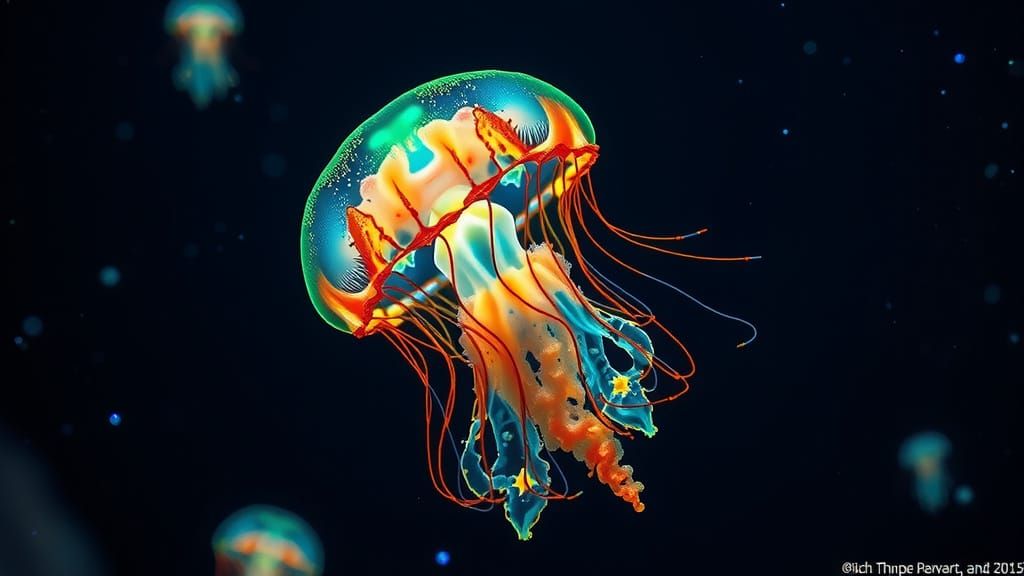 Bioluminescent Jellyfish in Deep Ocean, Expressive Fluid Art