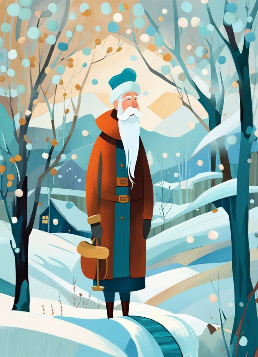 Old Man Winter Cartoon in Abstract Style