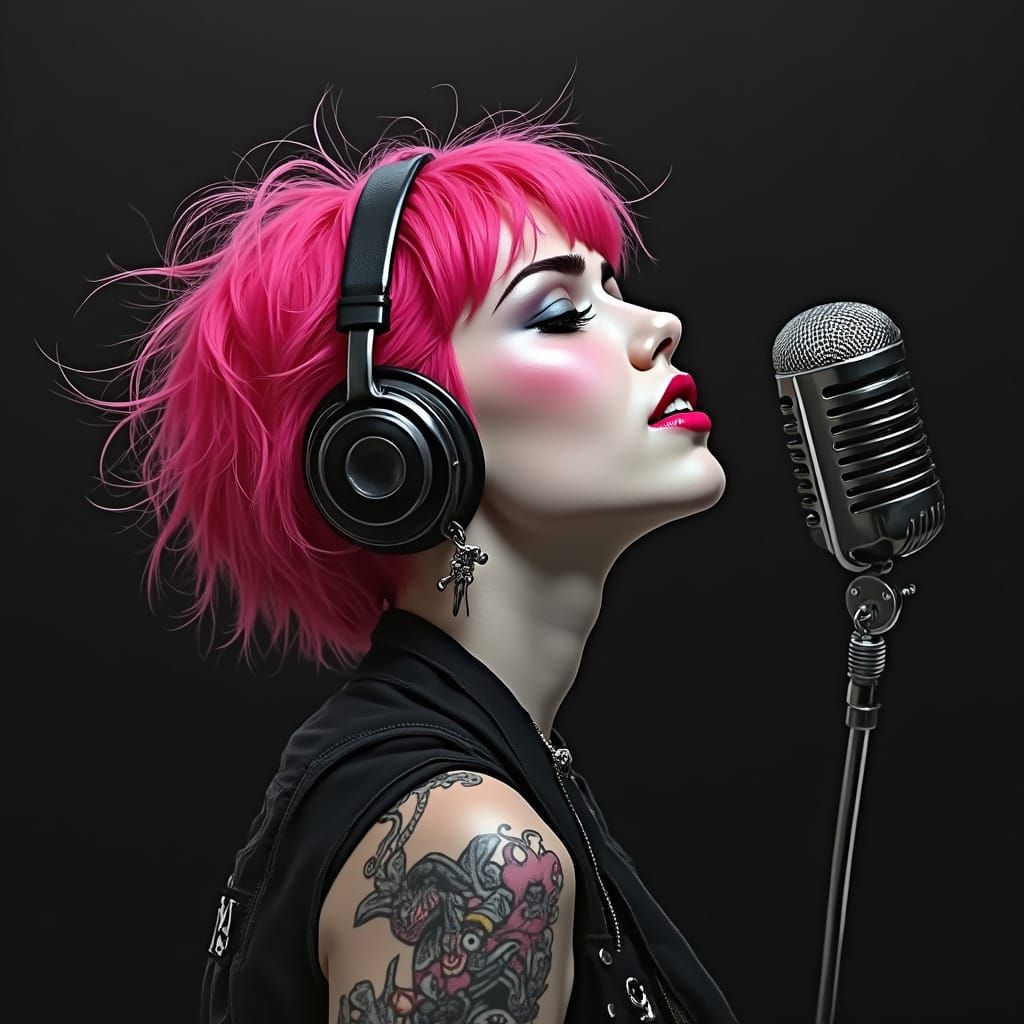 Edgy Female Punk Musician Radiates Joy in Charcoal and Ink P...