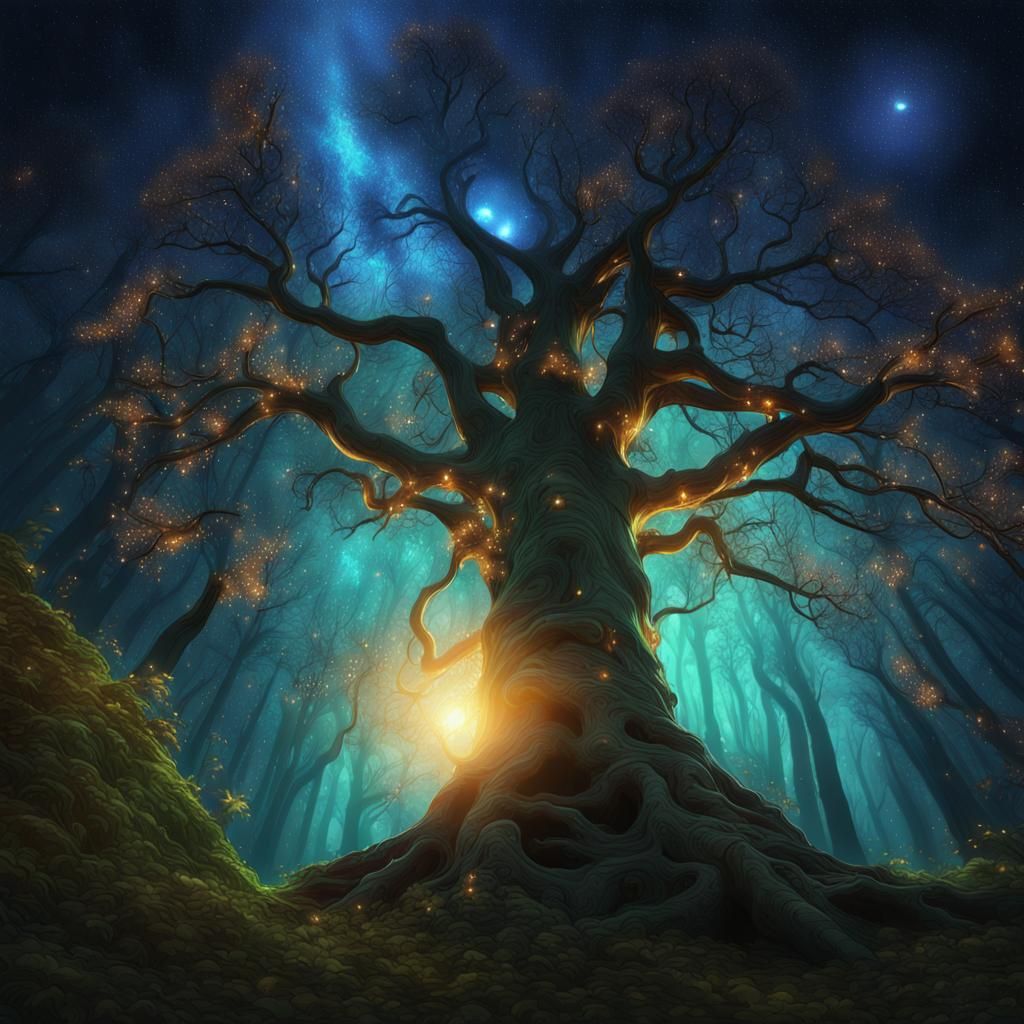 Mystical Forest Under a Starry Night Sky