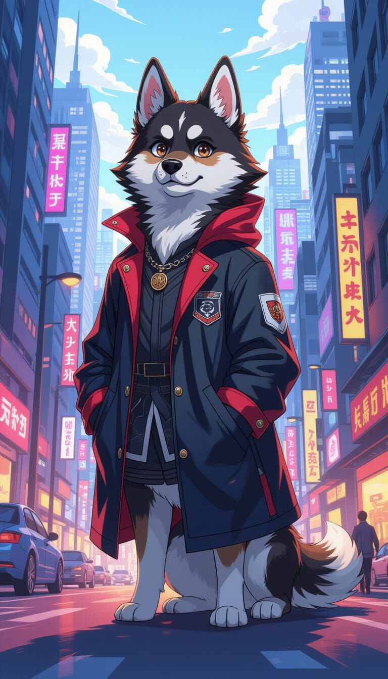 Majestic Dog in Vibrant Cityscape, Anime Style