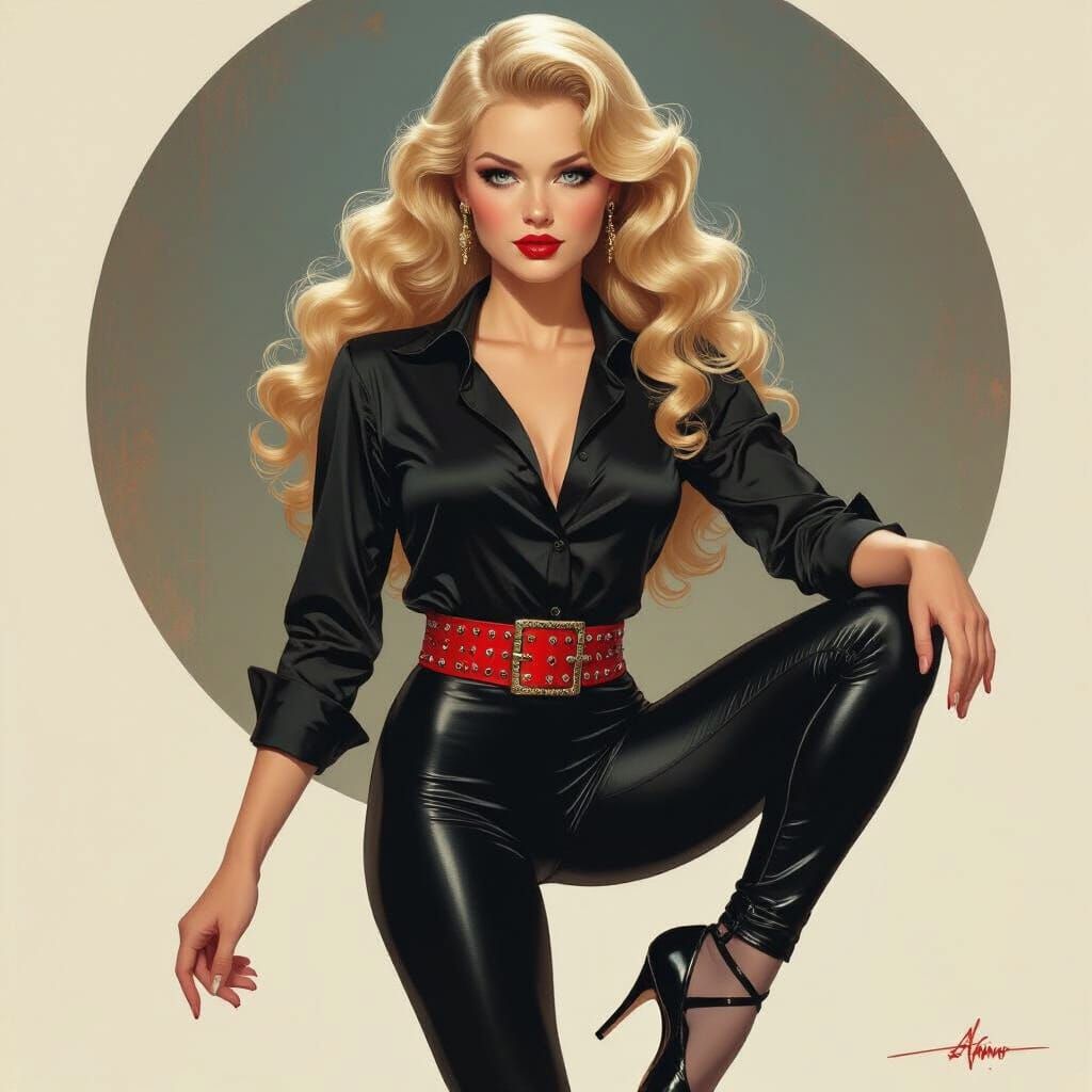 Confident Blonde in Stirrup Trousers, Pin-Up Art Style