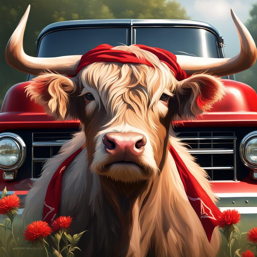 Highland Heifer Portrait with Chevy Truck, Hyperdetailed Art