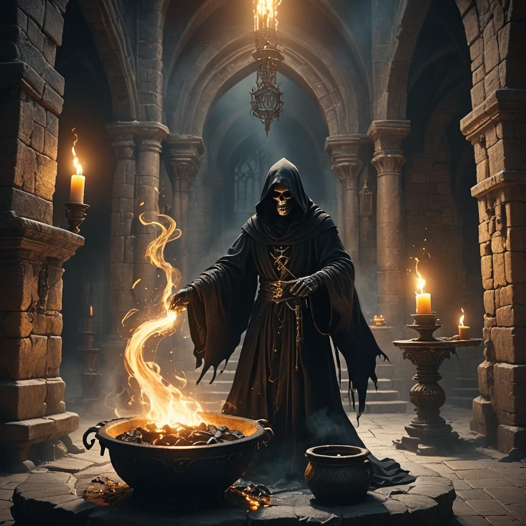 Grim Reaper Stirring Soul Energy Cauldron