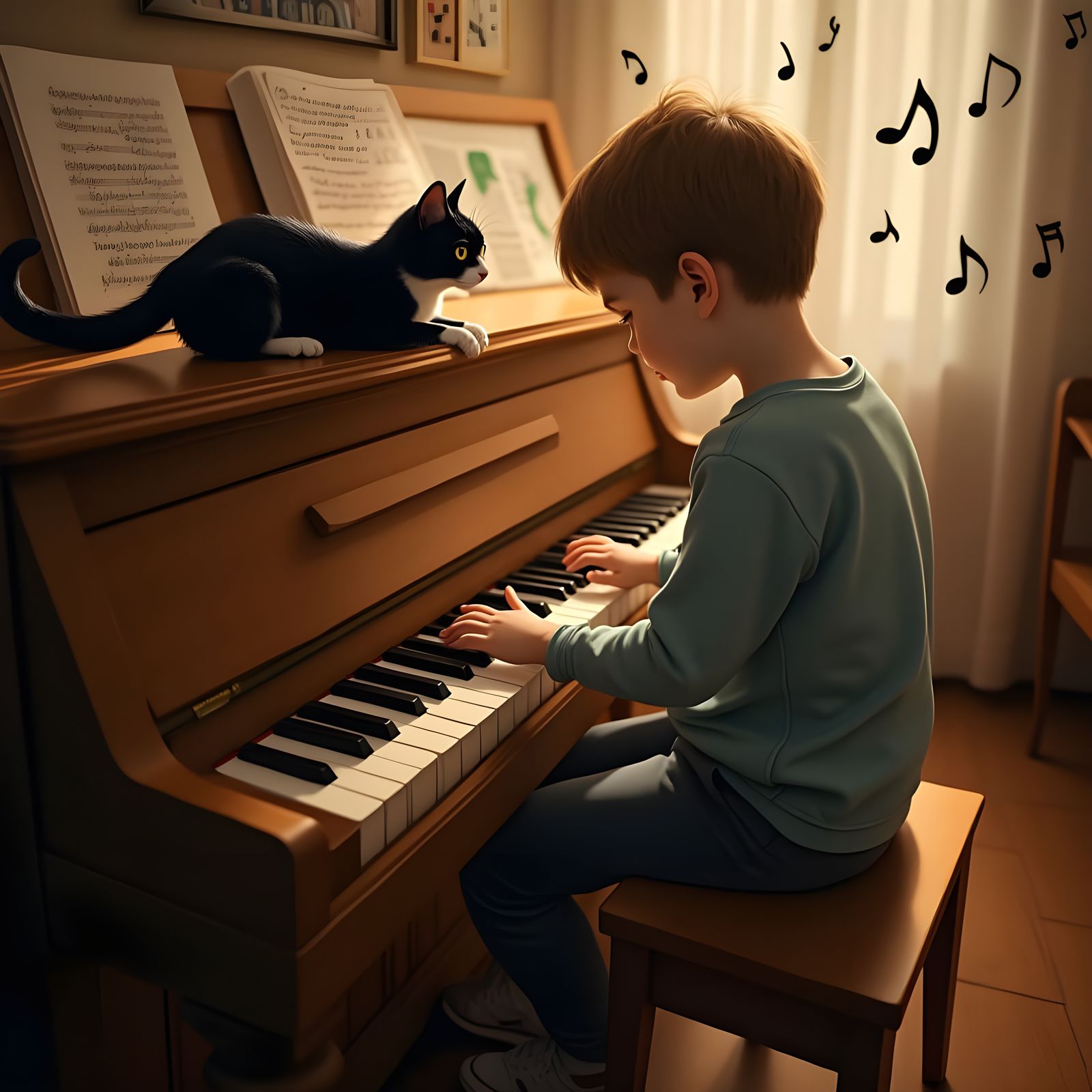 Young Boy Plays Piano with Tuxedo Cat in Cozy Setting