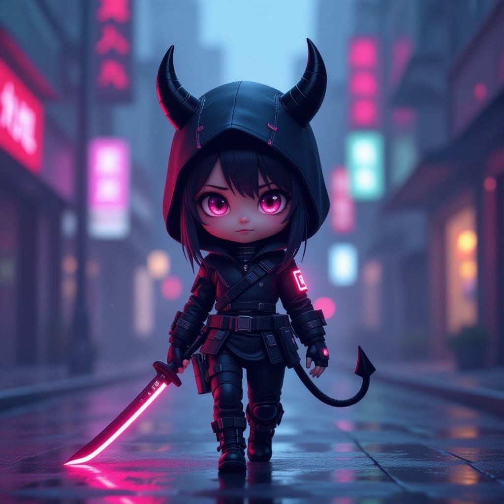 Cyberpunk Ninja Devil Girl Walks Through Neon City