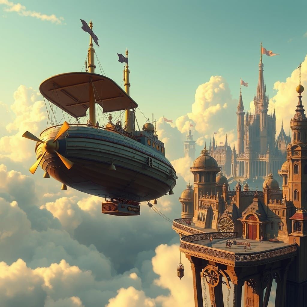 Steampunk Airship Docks in Whimsical Victorian City