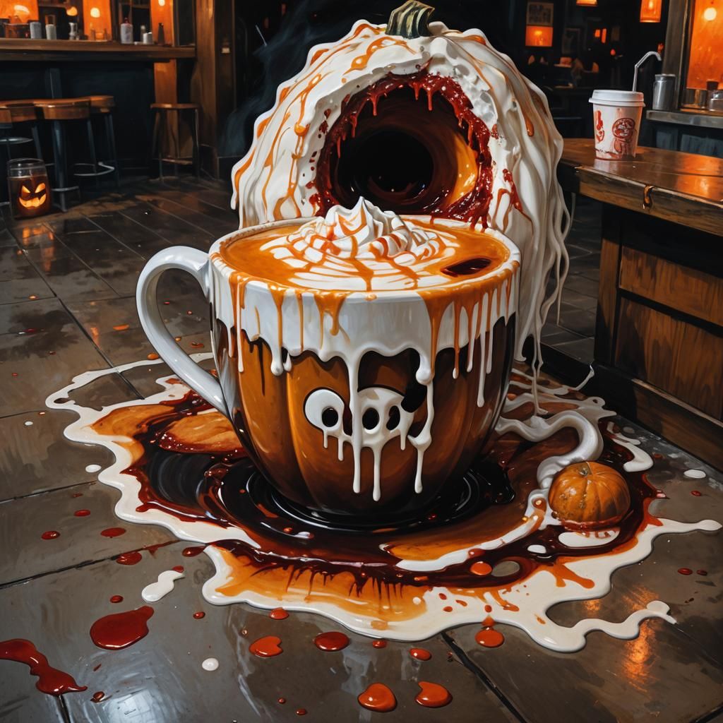 Ominous Pumpkin Spice Latte in Dark Surrealism Style