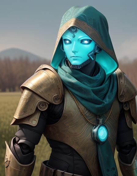 Robot in Meadow with Scarf and Hat, Fantasy Art