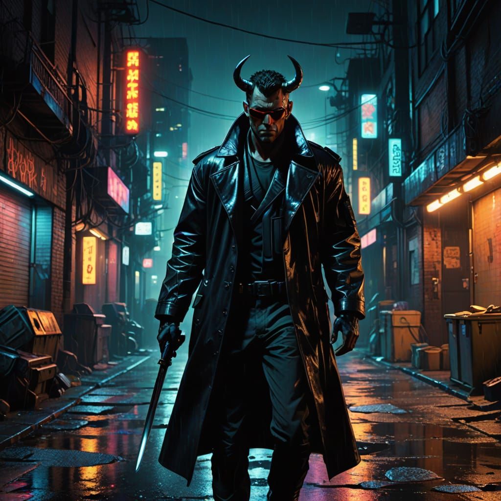 Cyberpunk Minotaur Samurai in Neon-Lit Alleyway