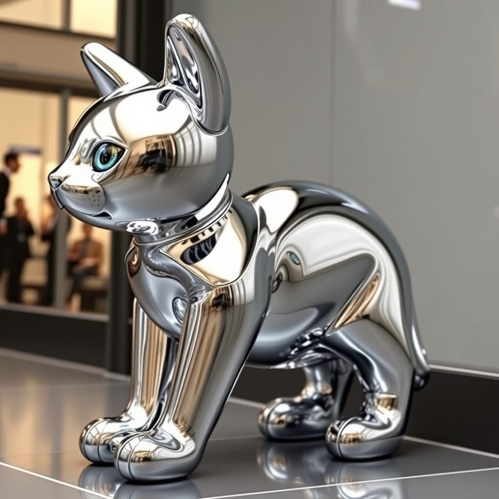 Luxurious Chrome Cat Sculpture in Pop Art Style