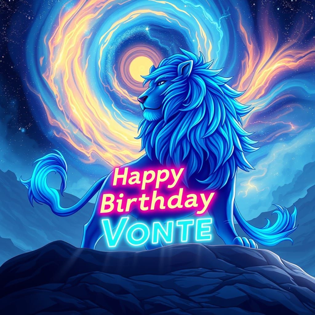 Cosmic Blue Anime Lion Celebrates Birthday in Vibrant Starry...