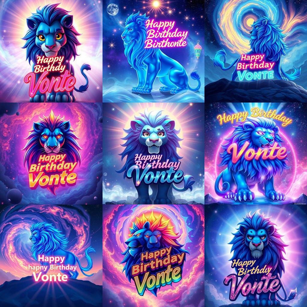 Blue Anime Lion Celebrates Birthday in Vibrant Cosmic Scene