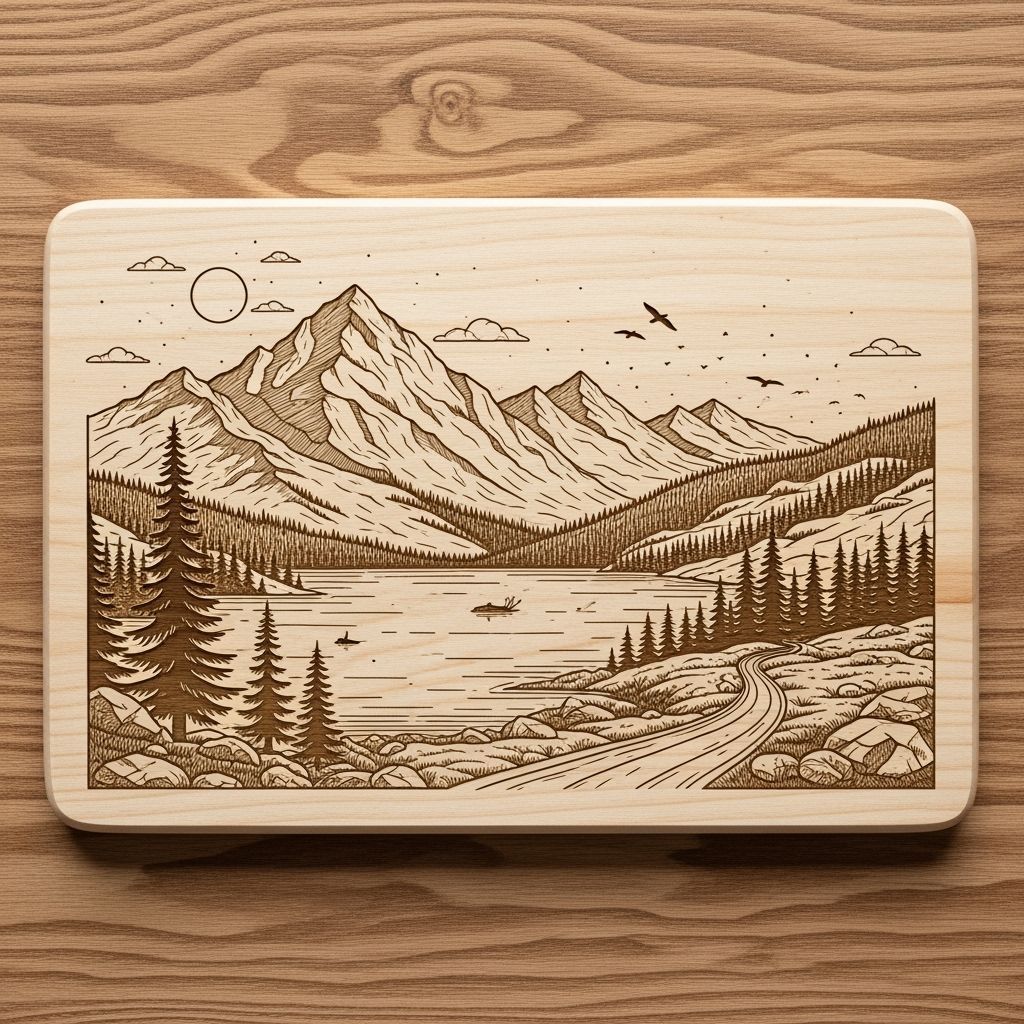 Laser-Engraved Mountain Scene on Basswood Cutting Board