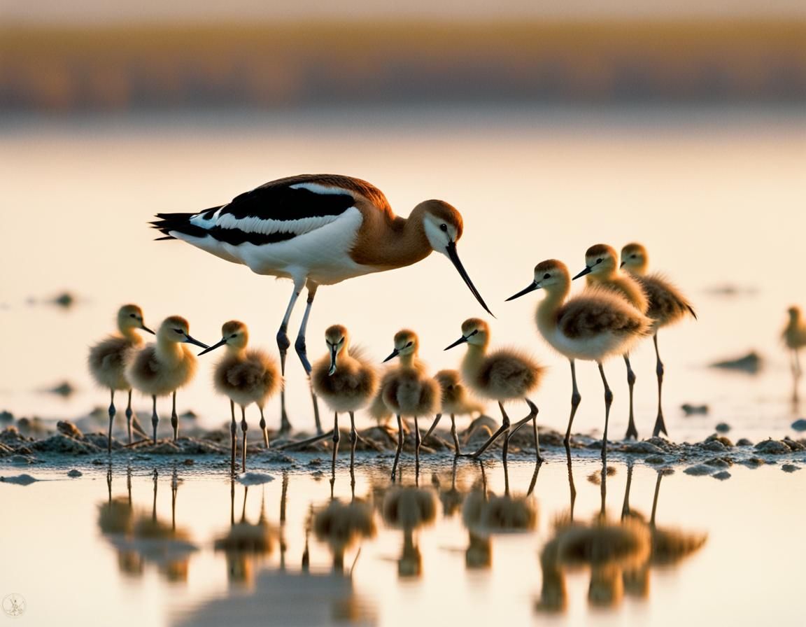 American Avocet Family in Hazy Dawn Light