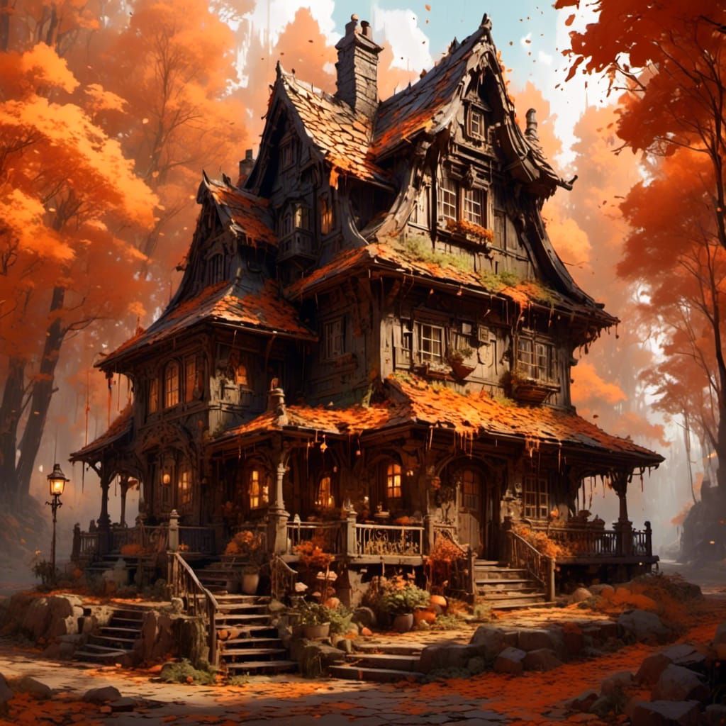 Beautiful Autumn House with Leaves and Pinecones