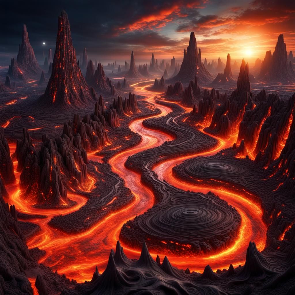 Hyperrealistic Lava River City in Cosmic Fantasy