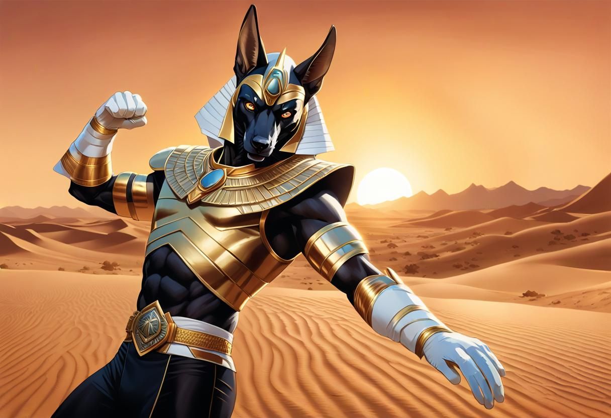 Anubis Superhero in Desert Sunset, Comic Book Art