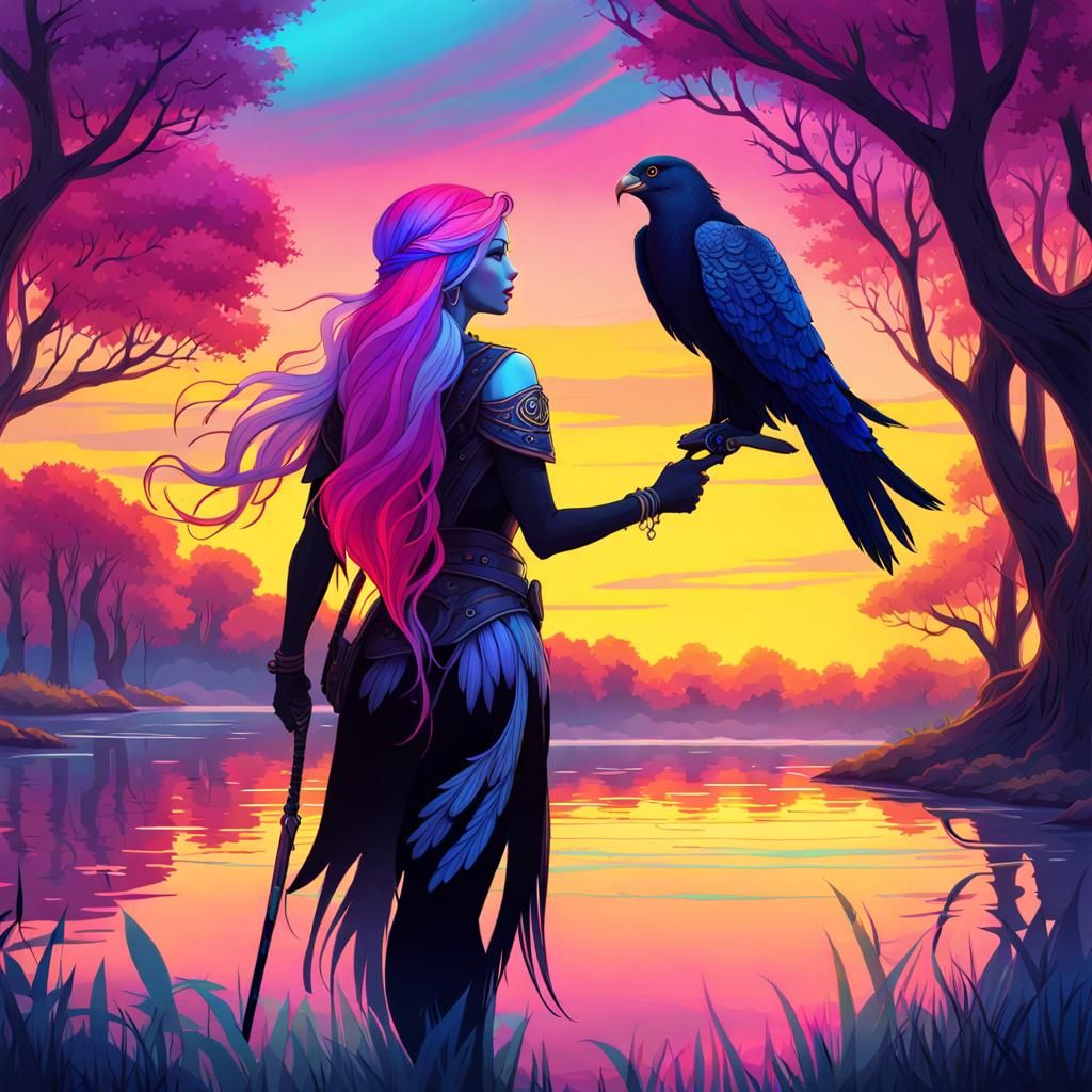 Wanderer with Falcon Reflected in Lake: Pastel Chalk Art